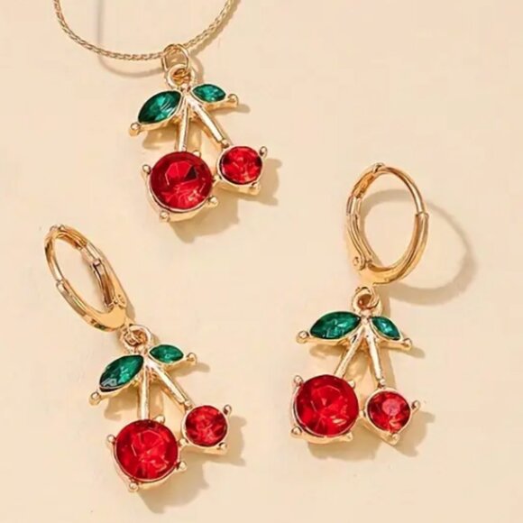 Red Cherry Necklace And Earrings Set NWT - Picture 2 of 5